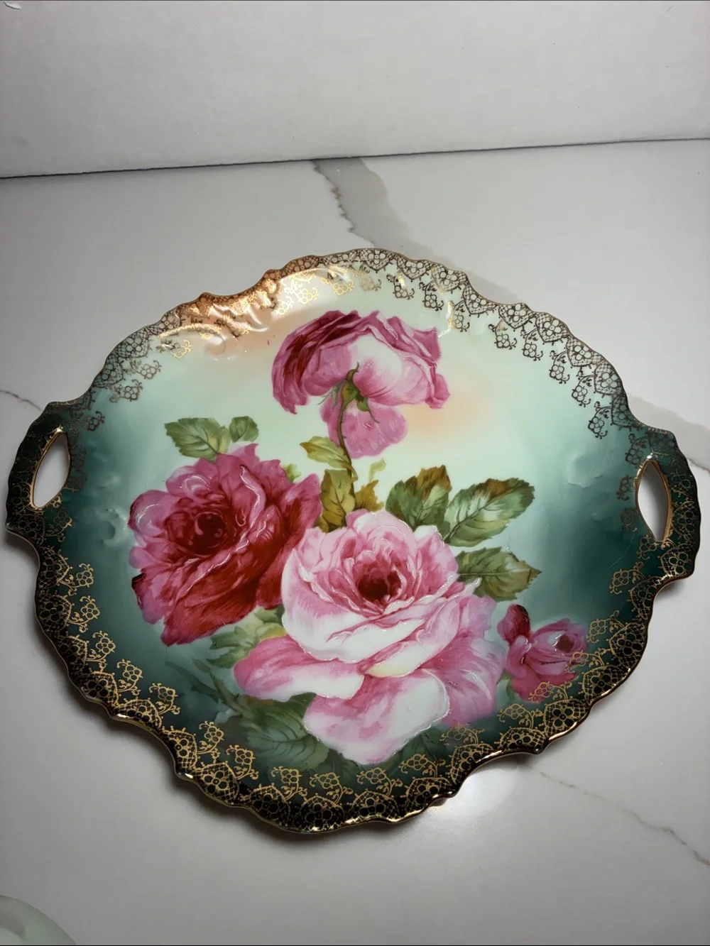 Bavarian Hand-Painted Floral Porcelain Tray & pitcher - Pink Cabbage Roses